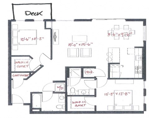 Floor plan for 2 beds, 2 baths, 1086 sqft